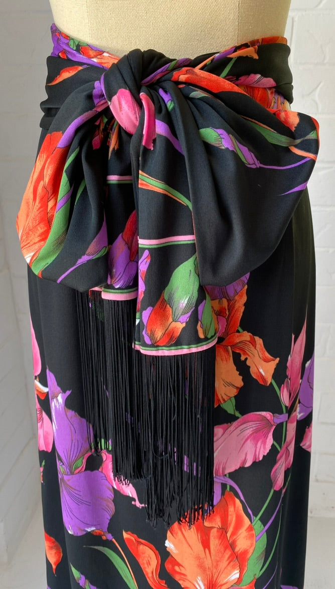 1970's Vintage KIO Floral Maxi SKirt + Fringed Tie/ Scarf