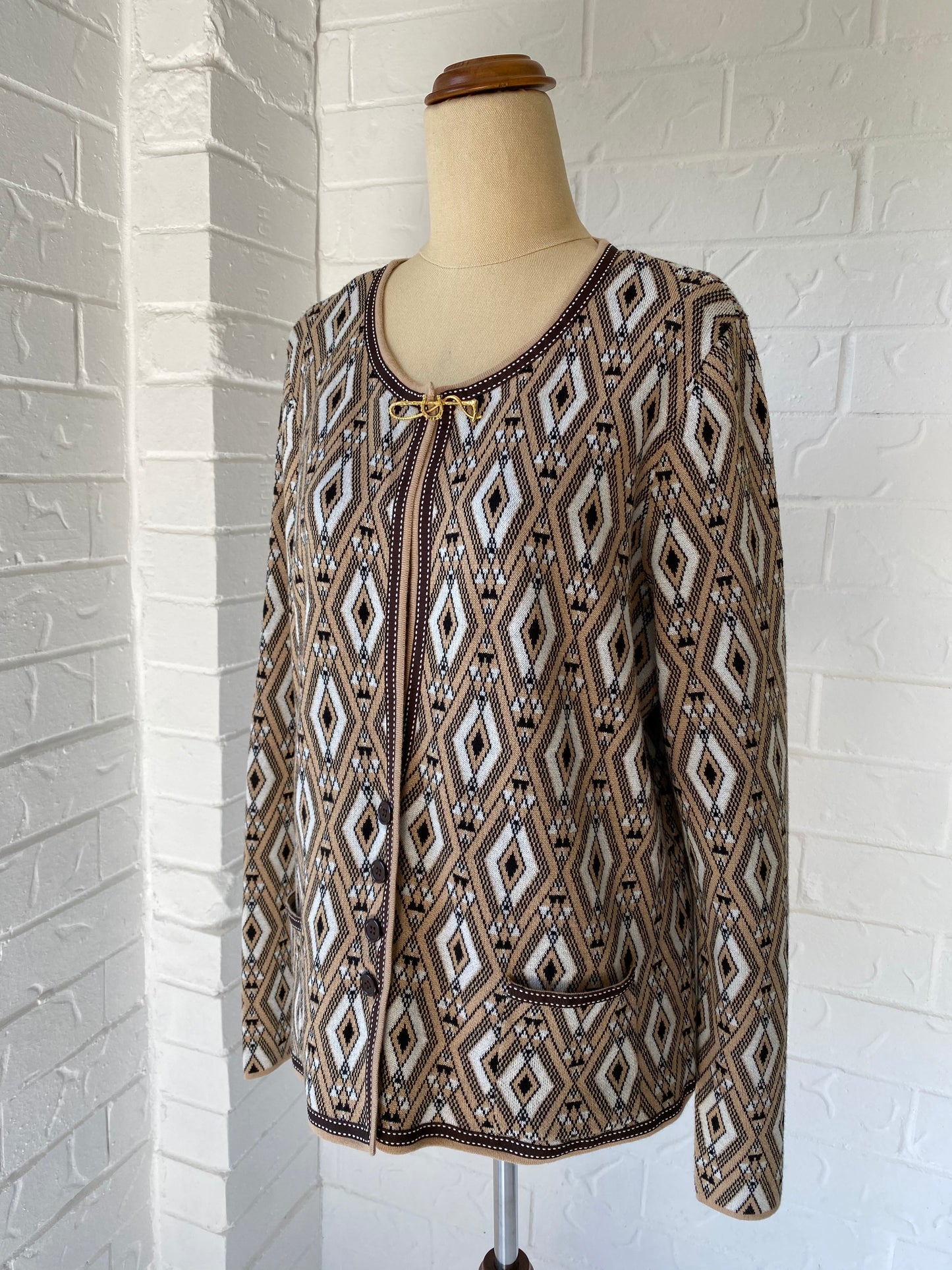 Graphic Cardigan with Equestrian Broach