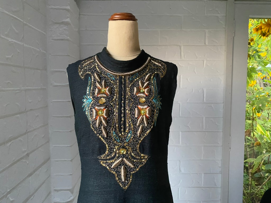 1970's Hand Embroidered Black Raw Silk Long Kaftan