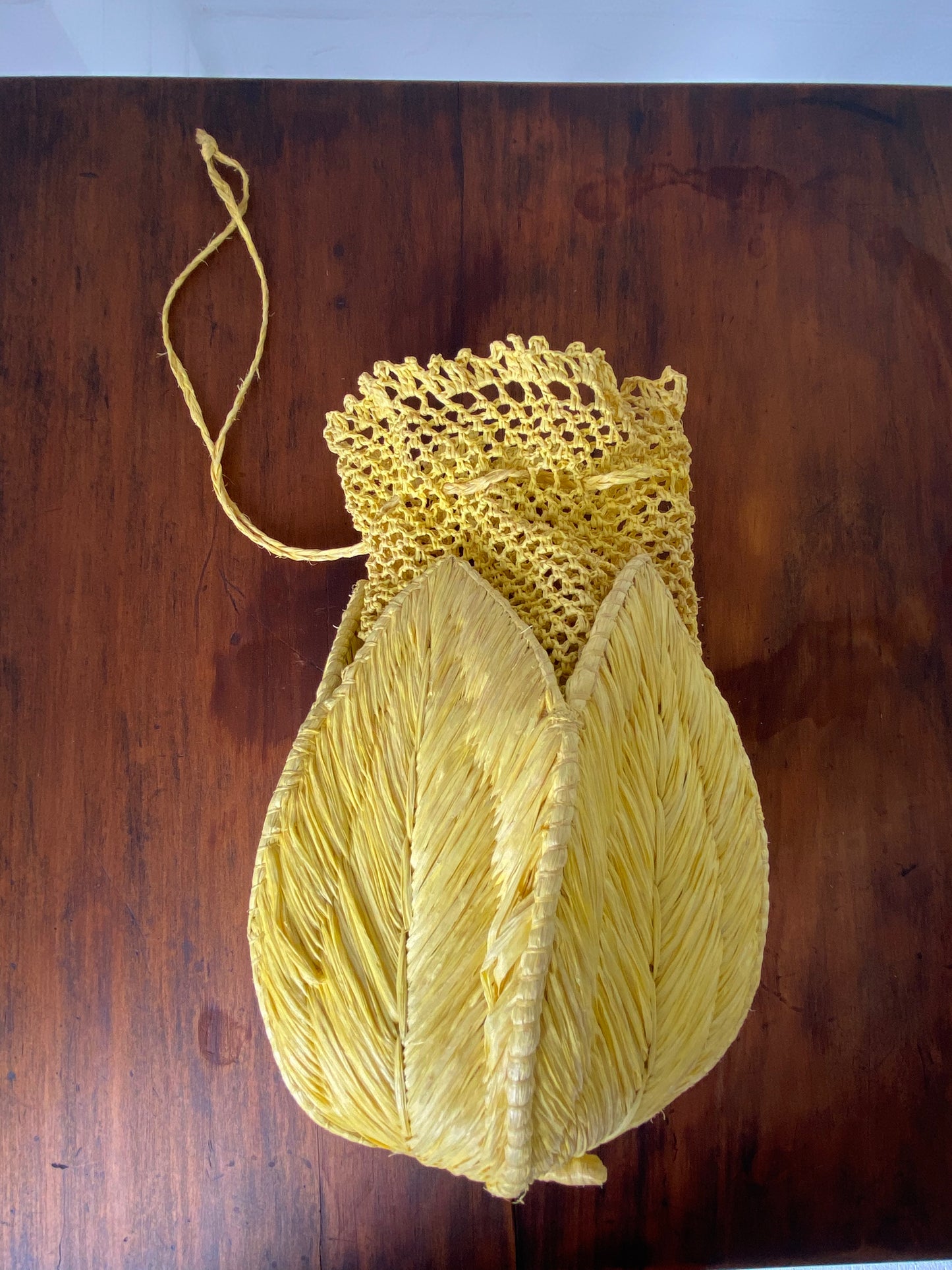 Vintage Golden Yellow Crochet and Rattan Drawstring Purse