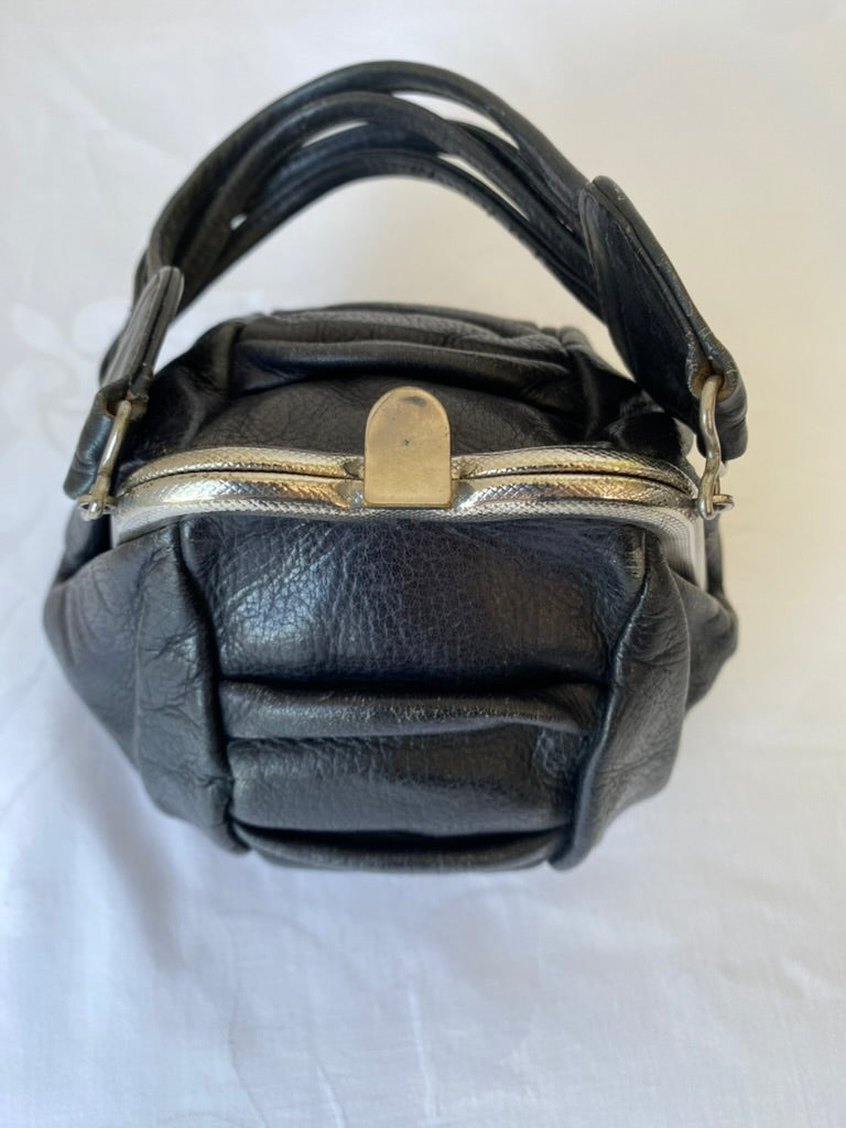1950's Black Ruched Leather Handbag