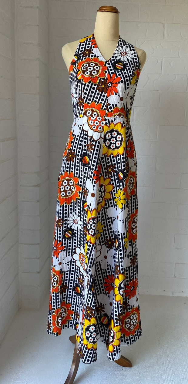 1970's Cotton Orange Flower Halter Neck Dress