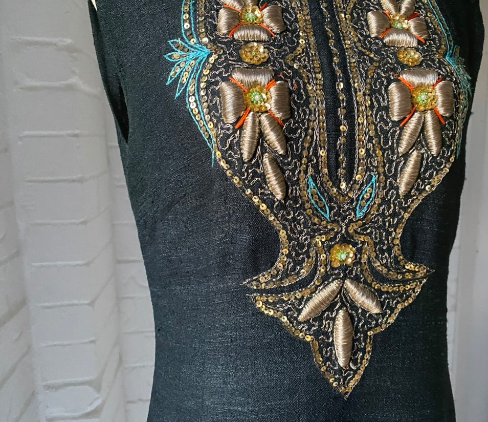 1970's Hand Embroidered Black Raw Silk Long Kaftan