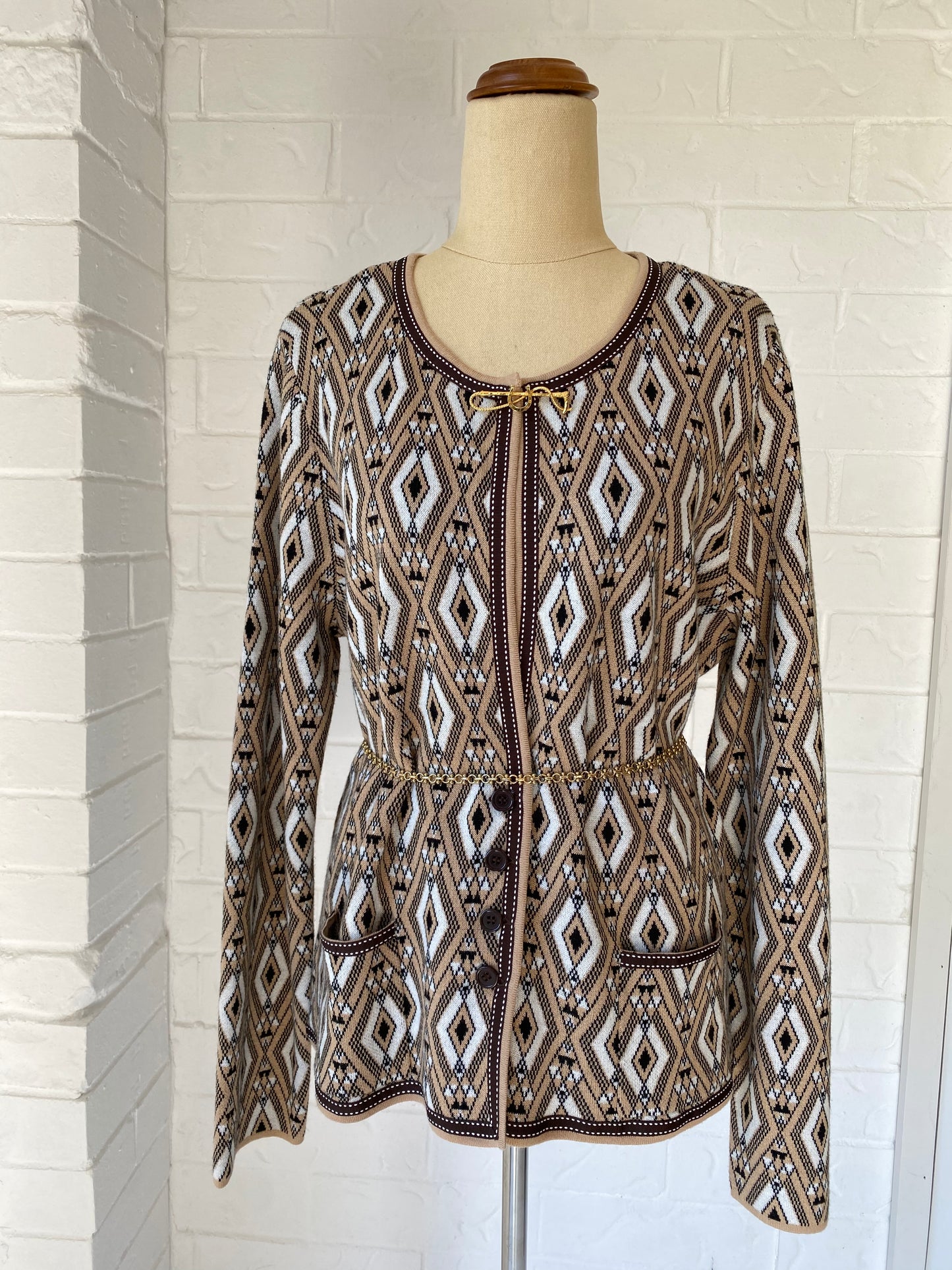 Graphic Cardigan with Equestrian Broach