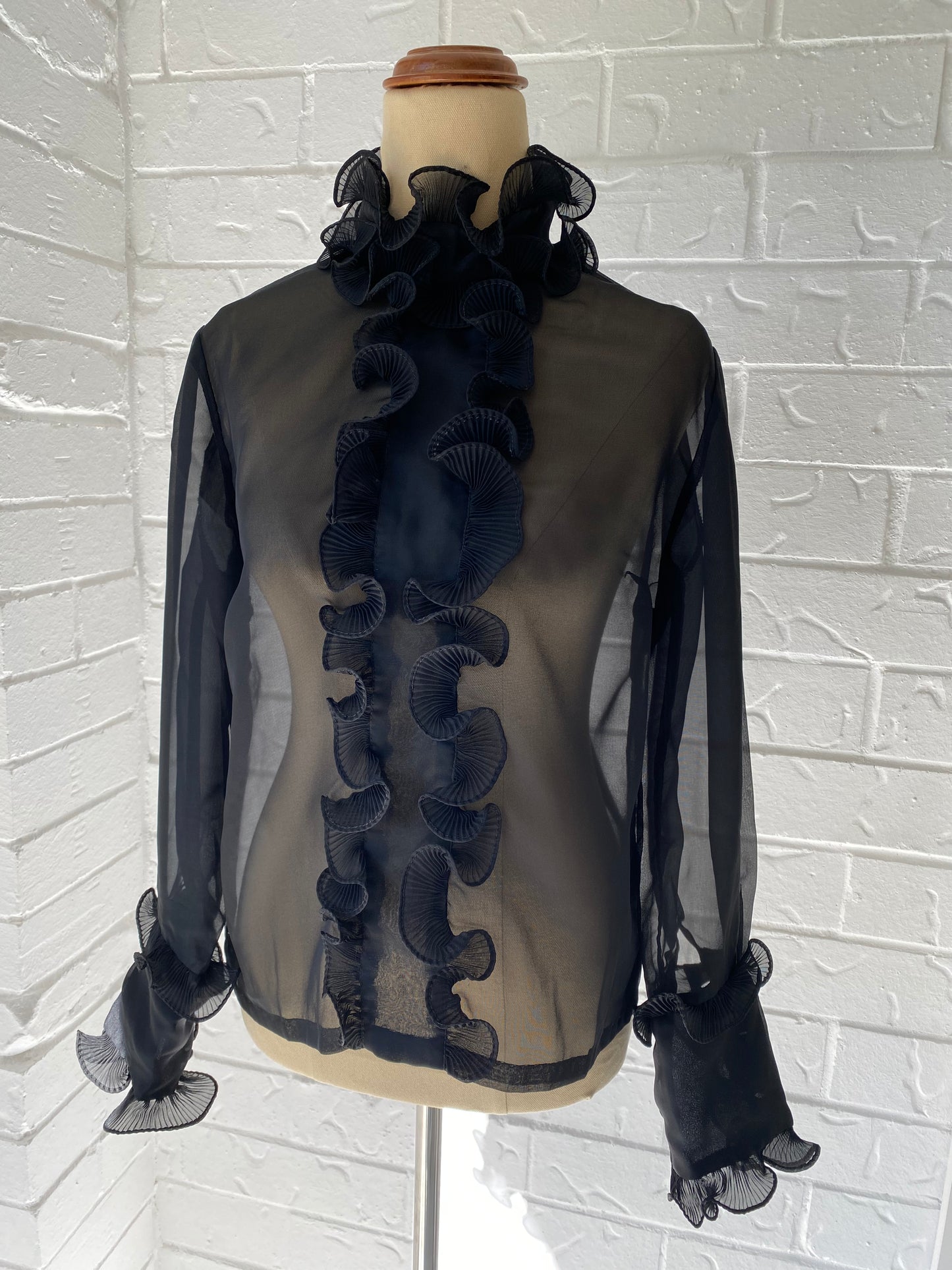 Ruffle Front Black Sheer Blouse