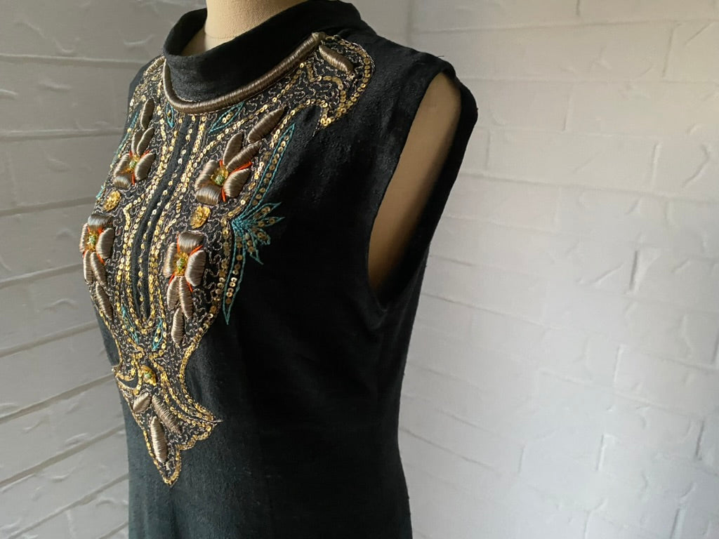 1970's Hand Embroidered Black Raw Silk Long Kaftan