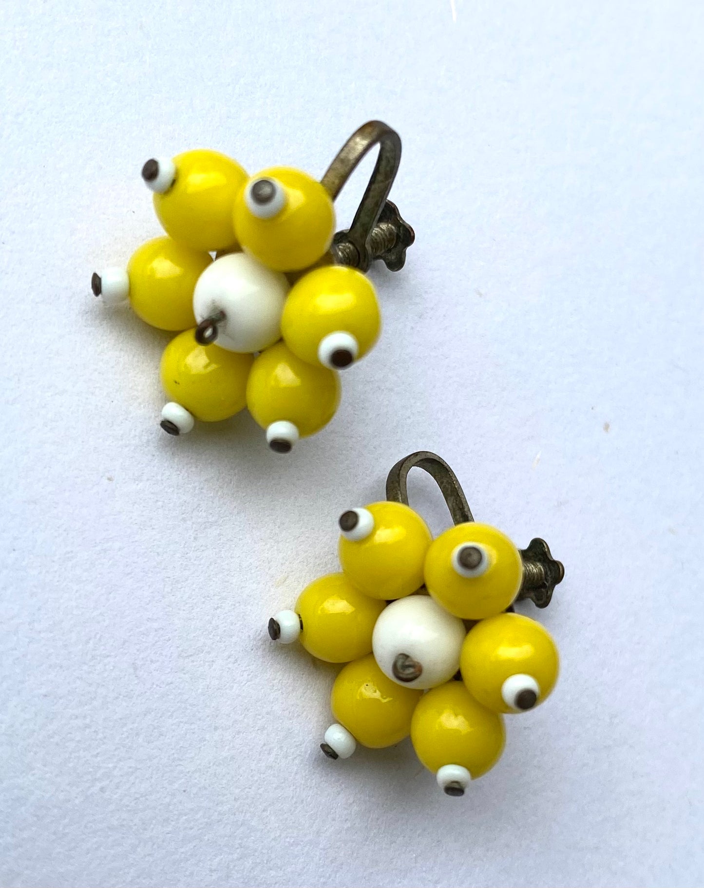 1950's Yellow & White Glass Cluster Earrings
