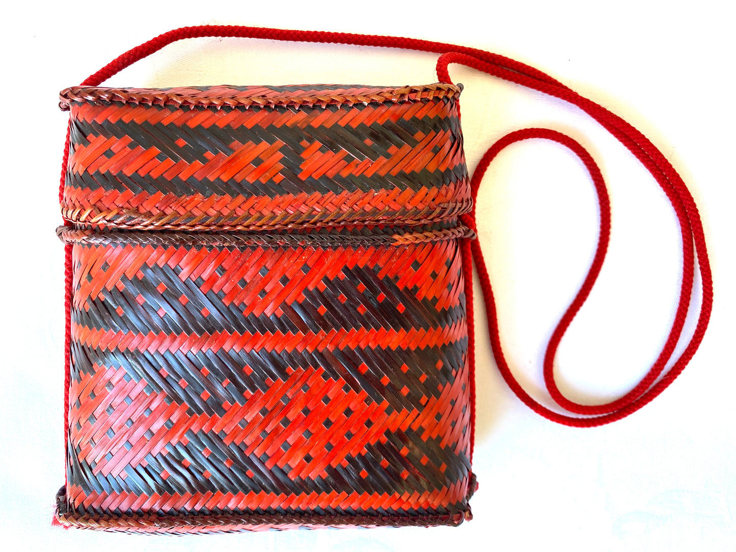1980's Red, Fine,Strong Hand Woven Bamboo Handbag