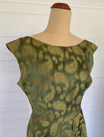 1950'S Forrest Green & Antique Gold Silk Brocade Dress