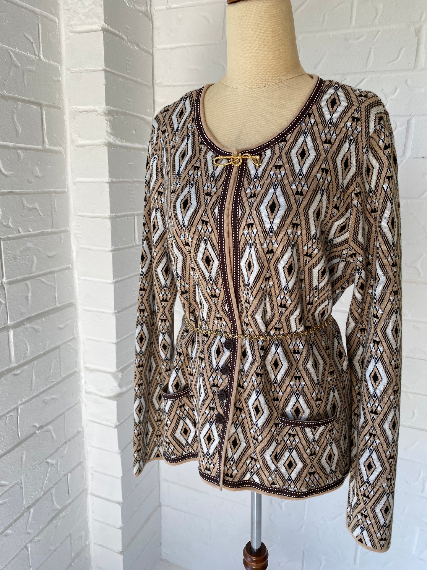 Graphic Cardigan with Equestrian Broach