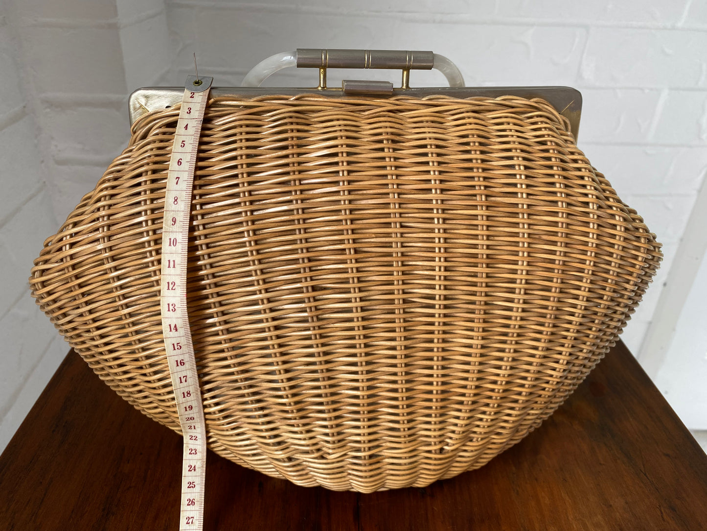 Large 1950's Plastic Wicker and Lucite Handle Bag