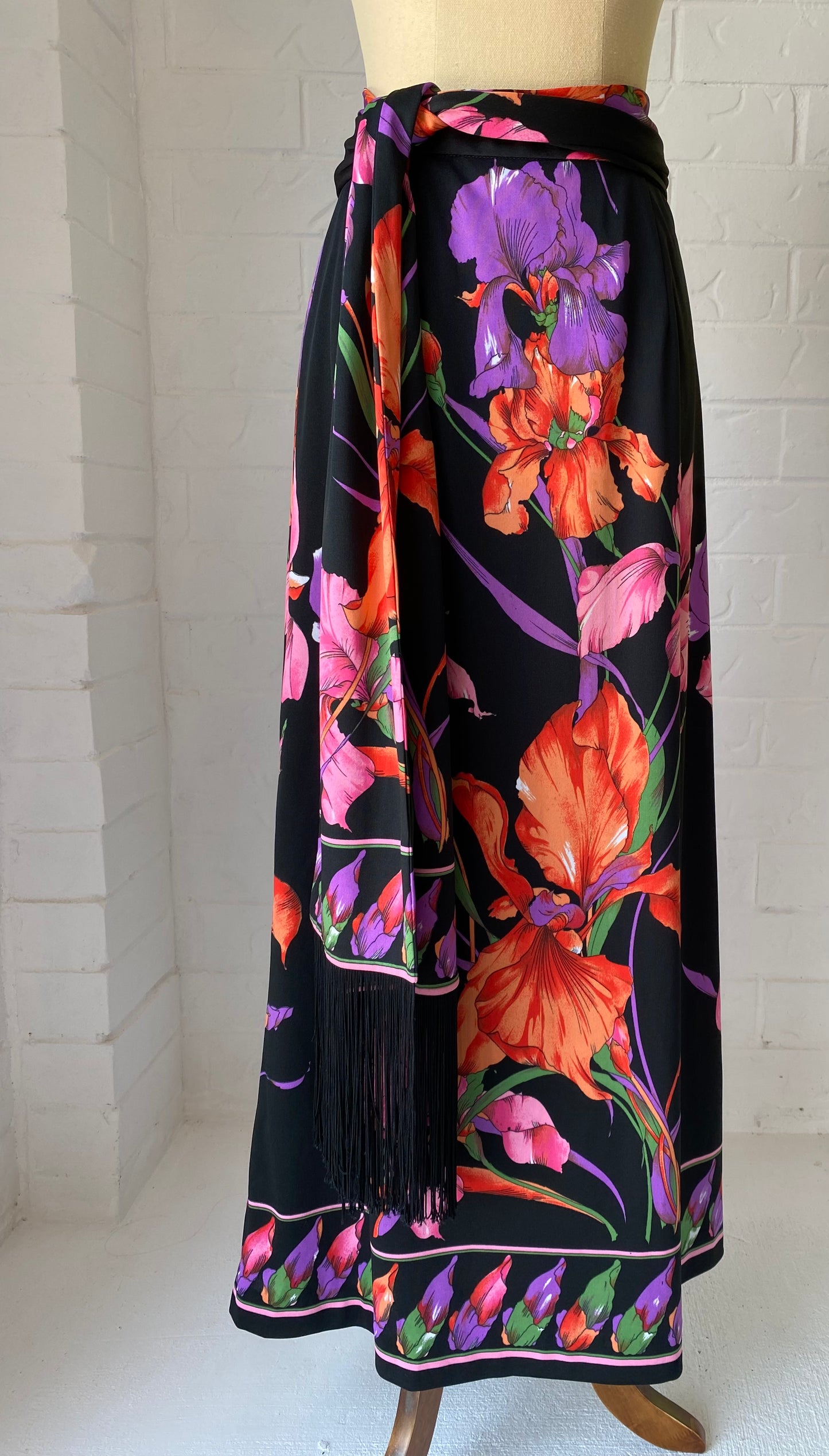 1970's Vintage KIO Floral Maxi SKirt + Fringed Tie/ Scarf