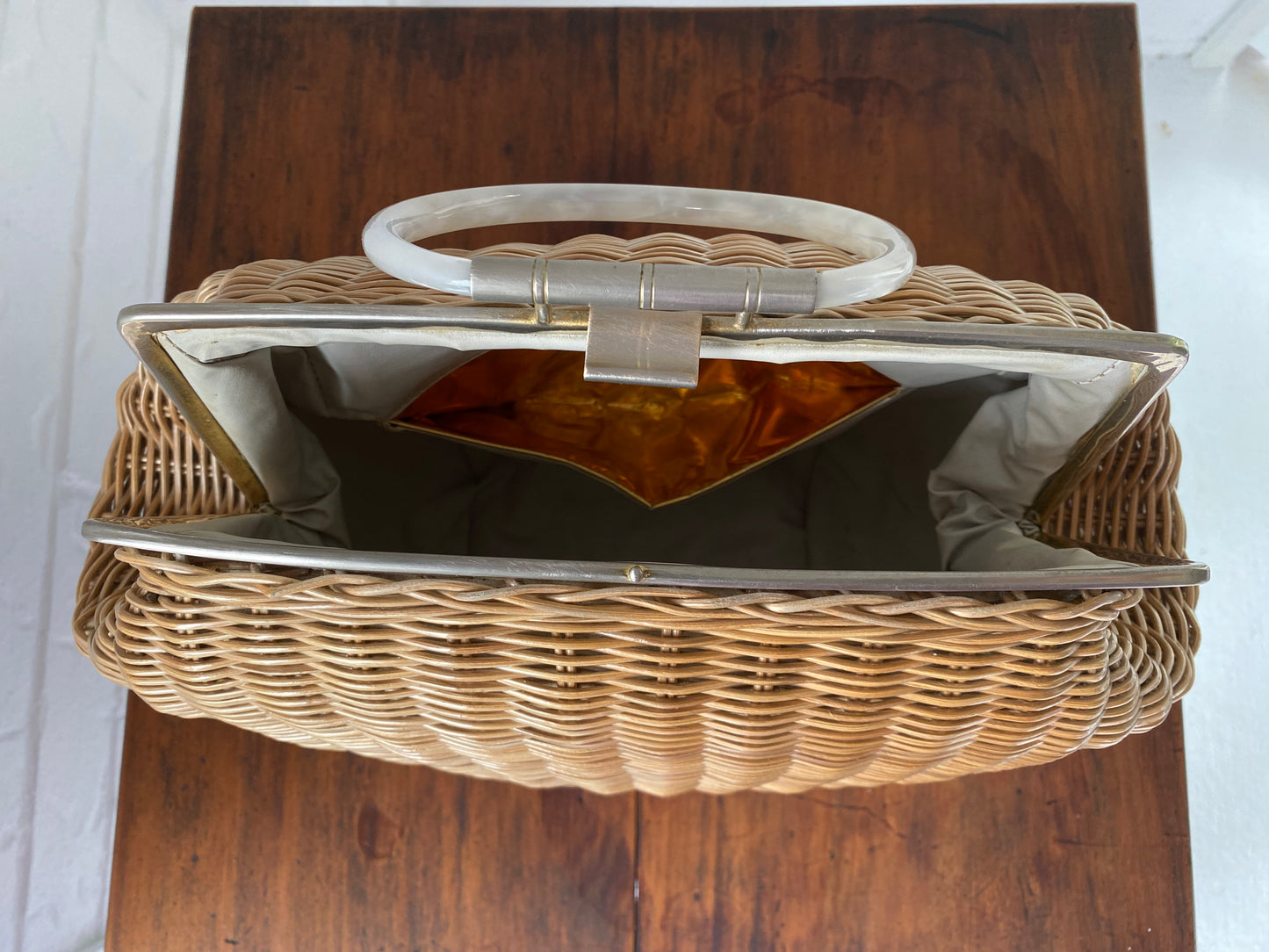 Large 1950's Plastic Wicker and Lucite Handle Bag