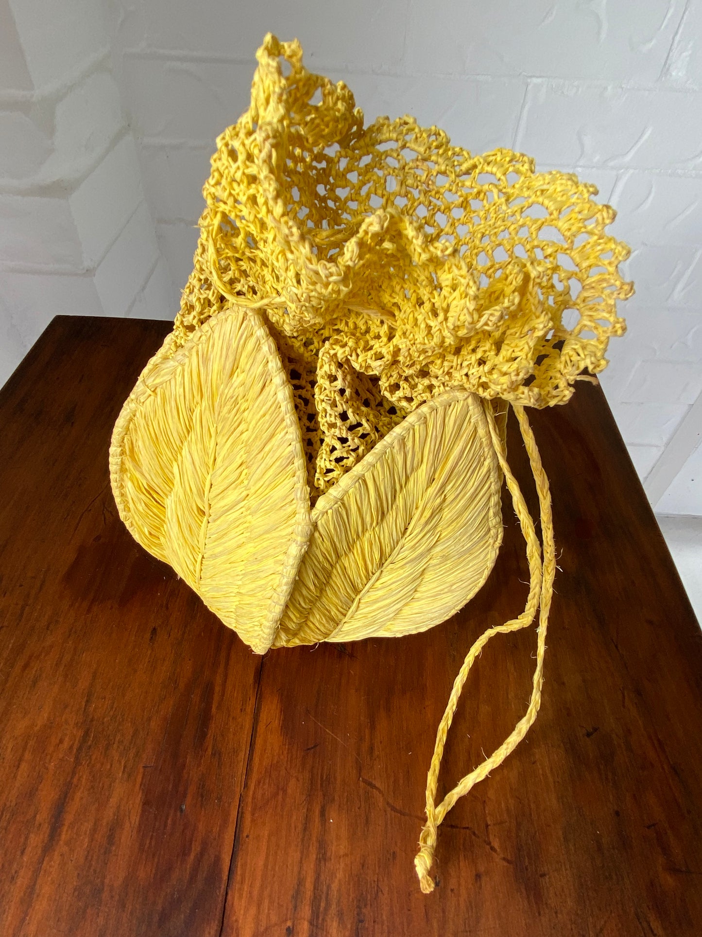 Vintage Golden Yellow Crochet and Rattan Drawstring Purse