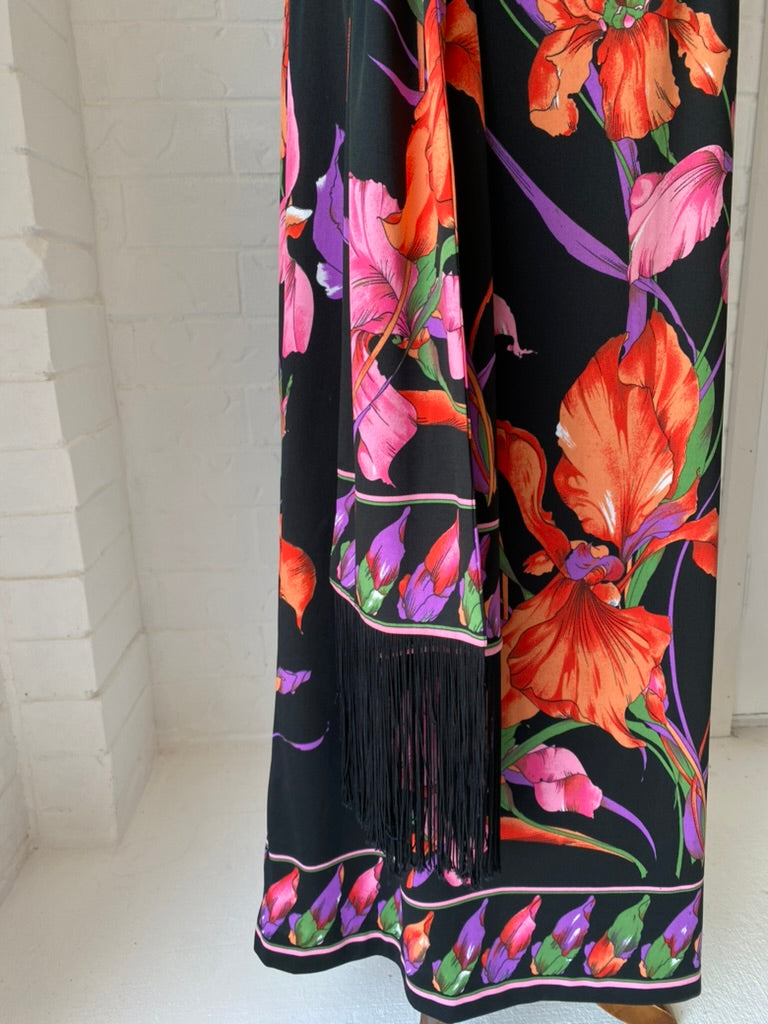 1970's Vintage KIO Floral Maxi SKirt + Fringed Tie/ Scarf