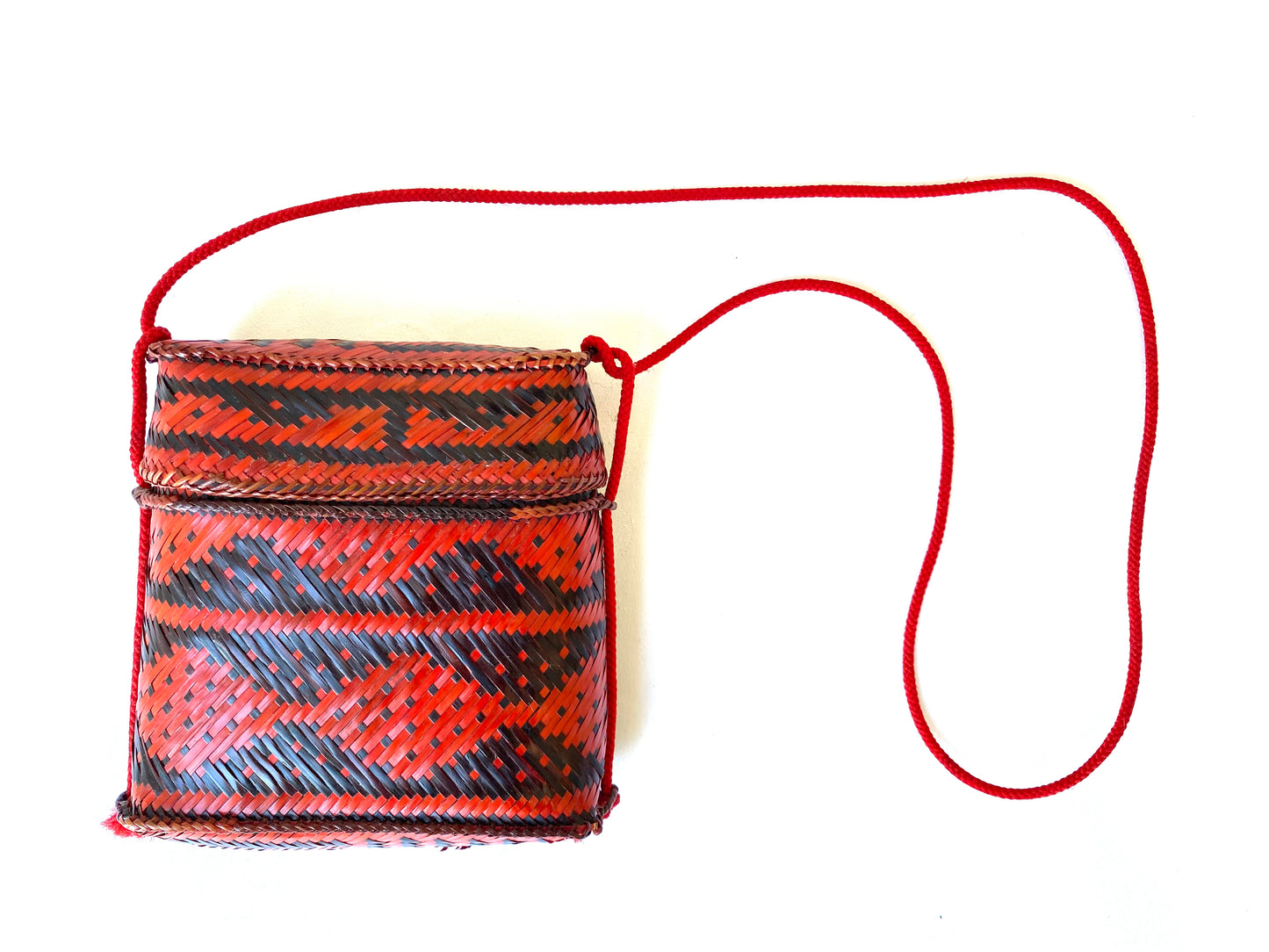 1980's Red, Fine,Strong Hand Woven Bamboo Handbag