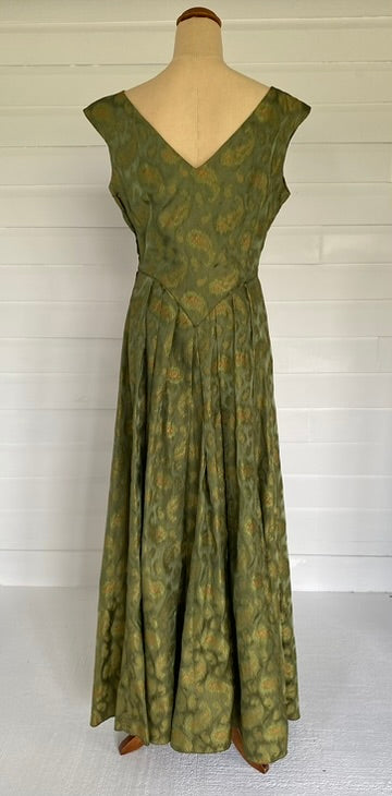 1950'S Forrest Green & Antique Gold Silk Brocade Dress
