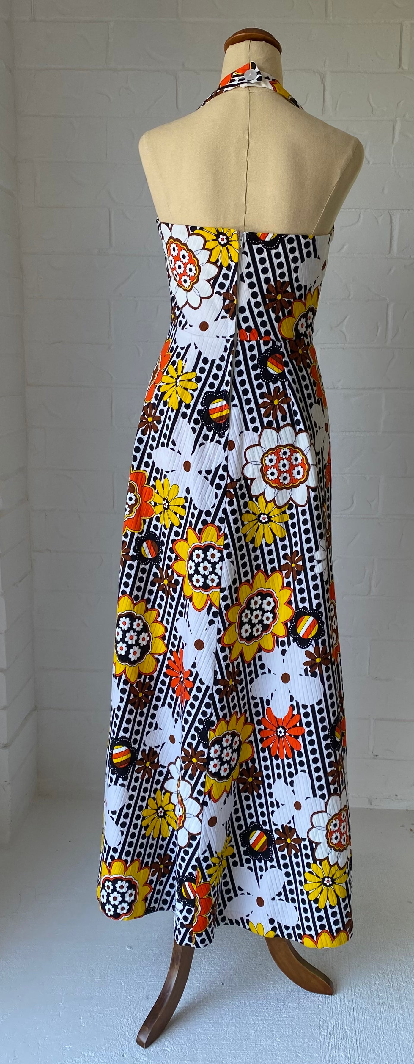 1970's Cotton Orange Flower Halter Neck Dress