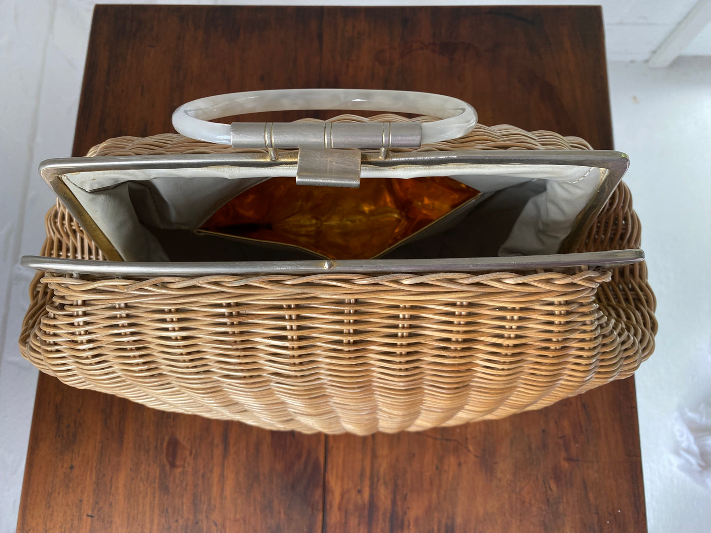 Large 1950's Plastic Wicker and Lucite Handle Bag