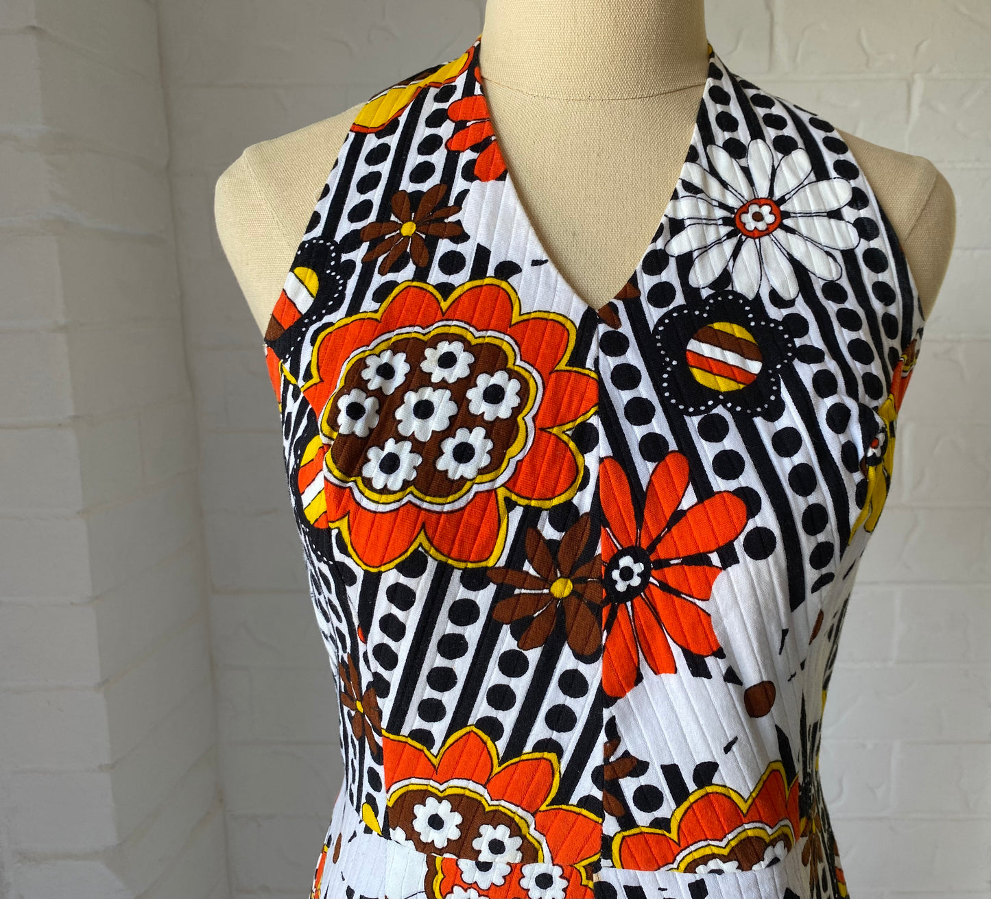 1970's Cotton Orange Flower Halter Neck Dress