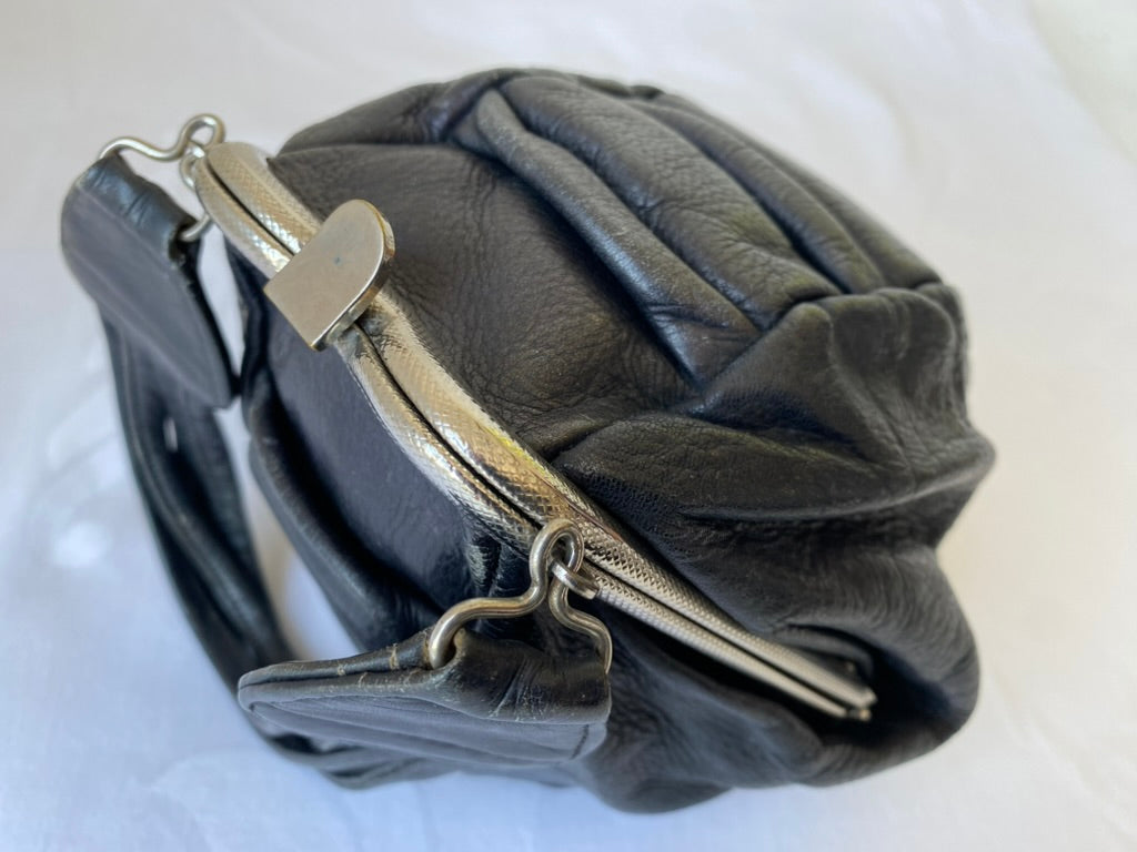 1950's Black Ruched Leather Handbag