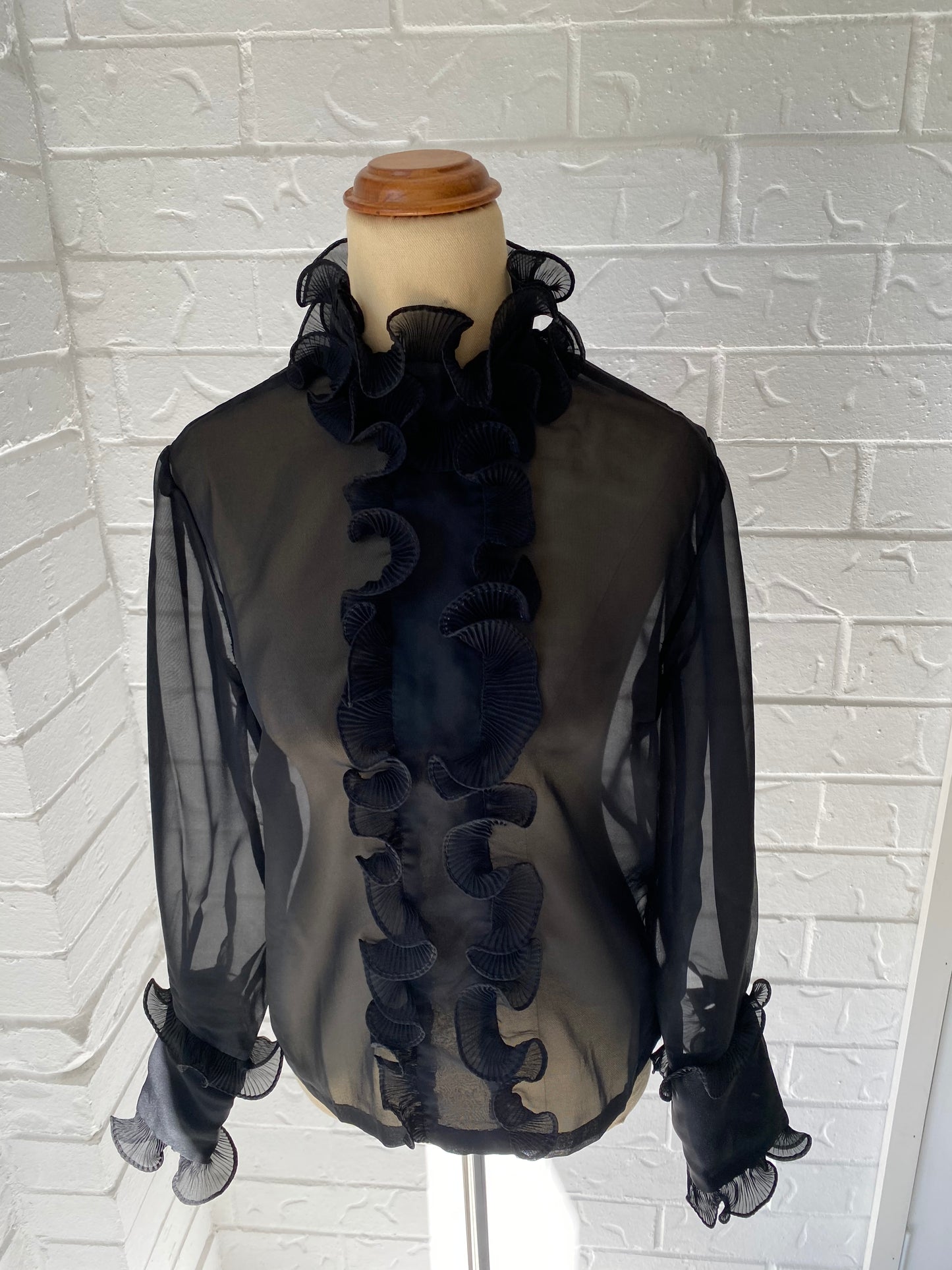 Ruffle Front Black Sheer Blouse
