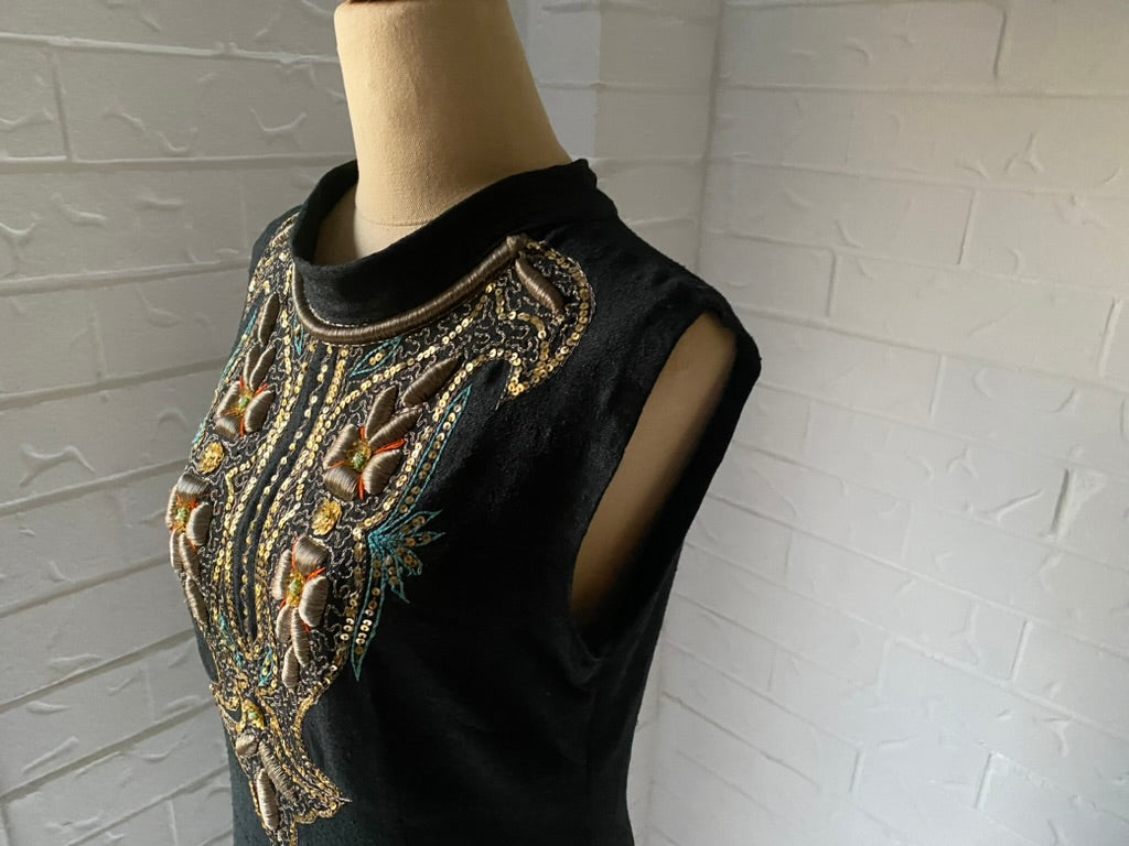 1970's Hand Embroidered Black Raw Silk Long Kaftan