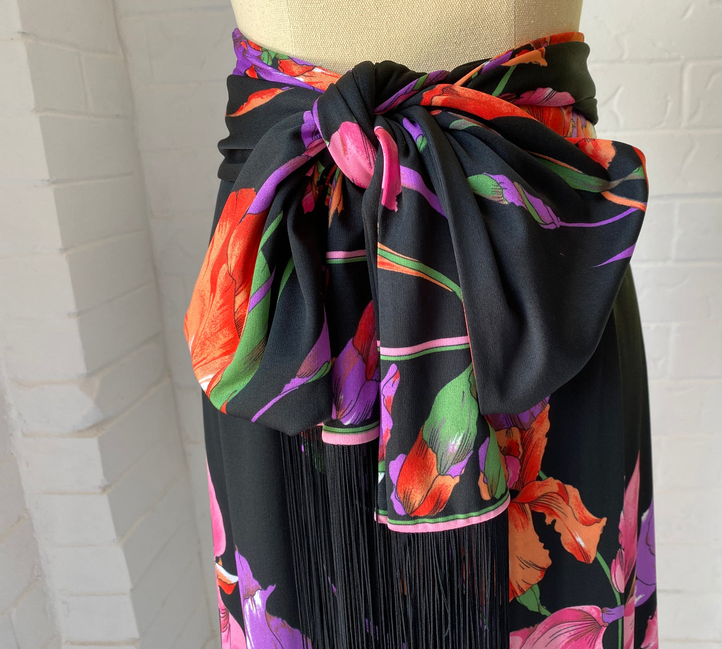 1970's Vintage KIO Floral Maxi SKirt + Fringed Tie/ Scarf