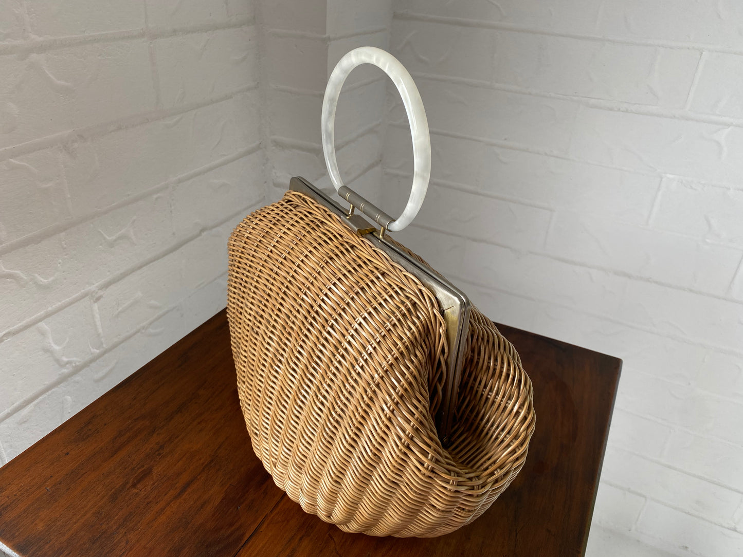 Large 1950's Plastic Wicker and Lucite Handle Bag