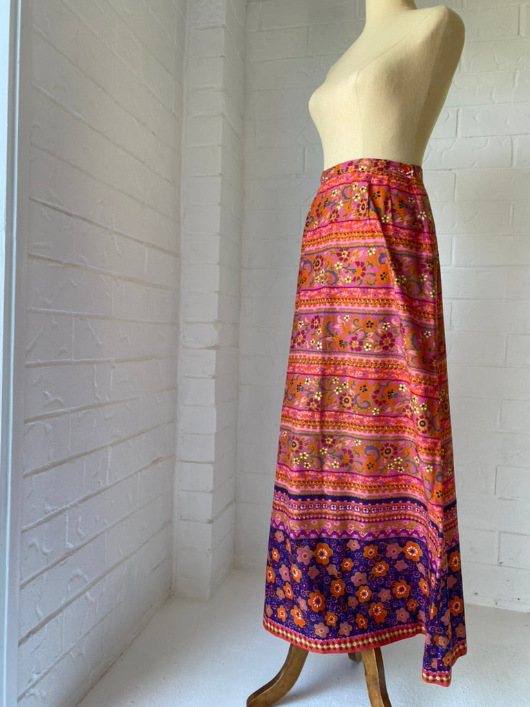 1970's Pink Cotton Batik Maxi Skirt