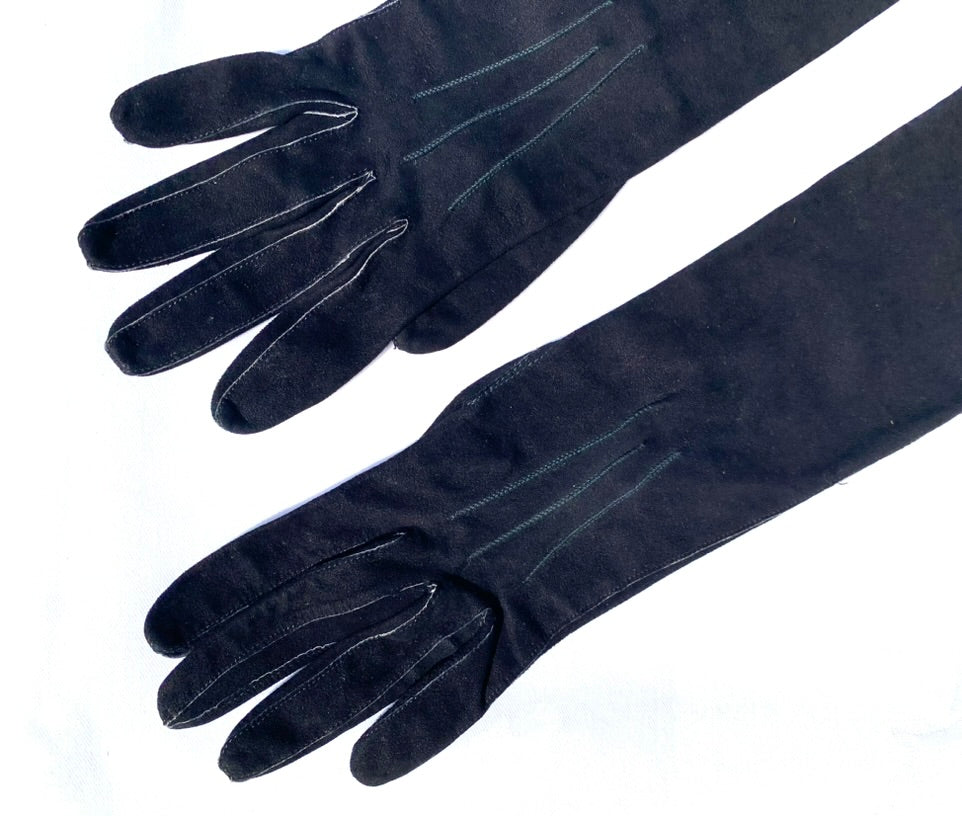 Vintage Long Black Suede Gloves