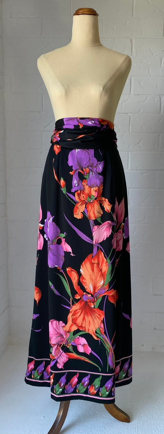 1970's Vintage KIO Floral Maxi SKirt + Fringed Tie/ Scarf