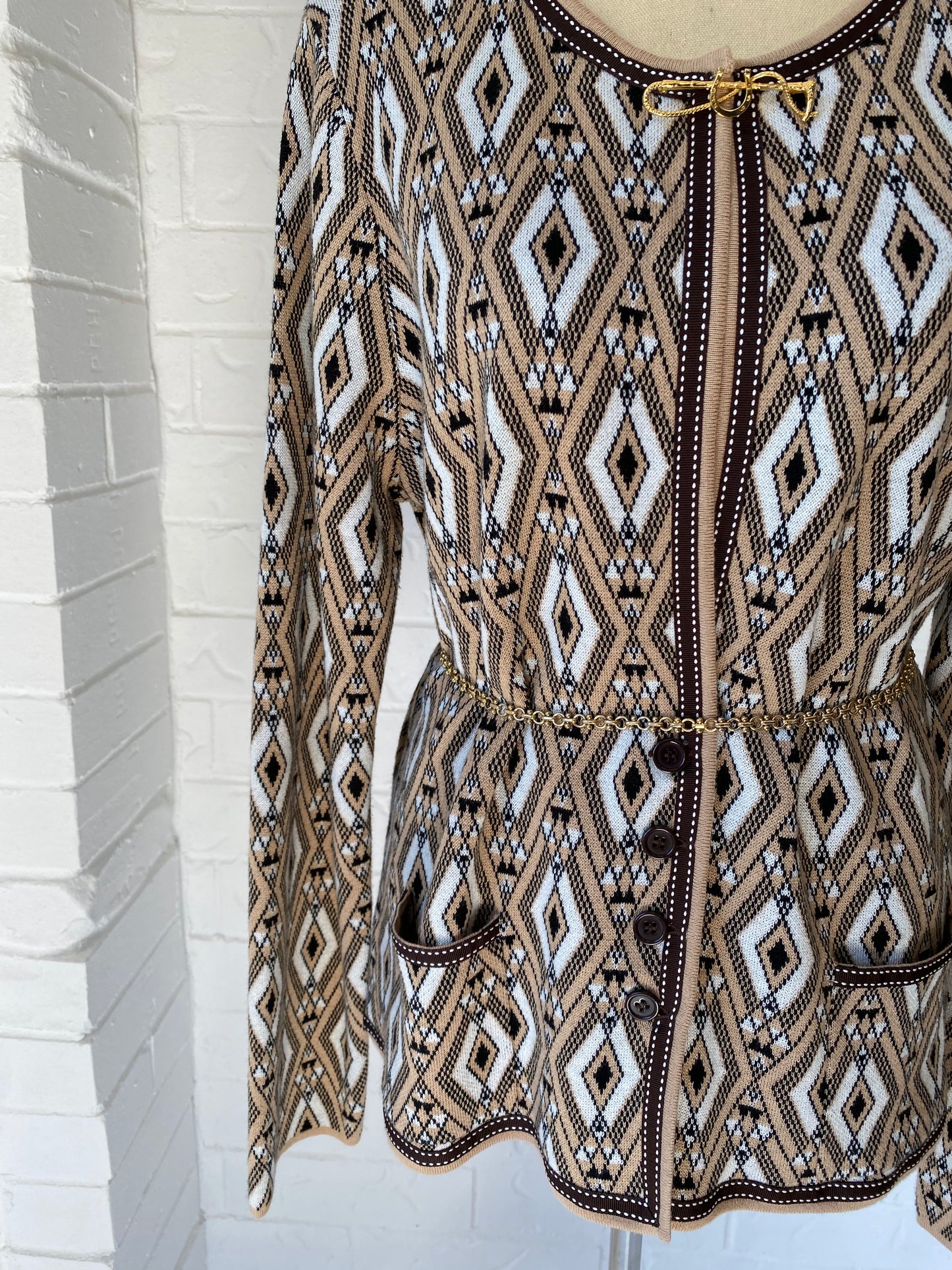 Graphic Cardigan with Equestrian Broach