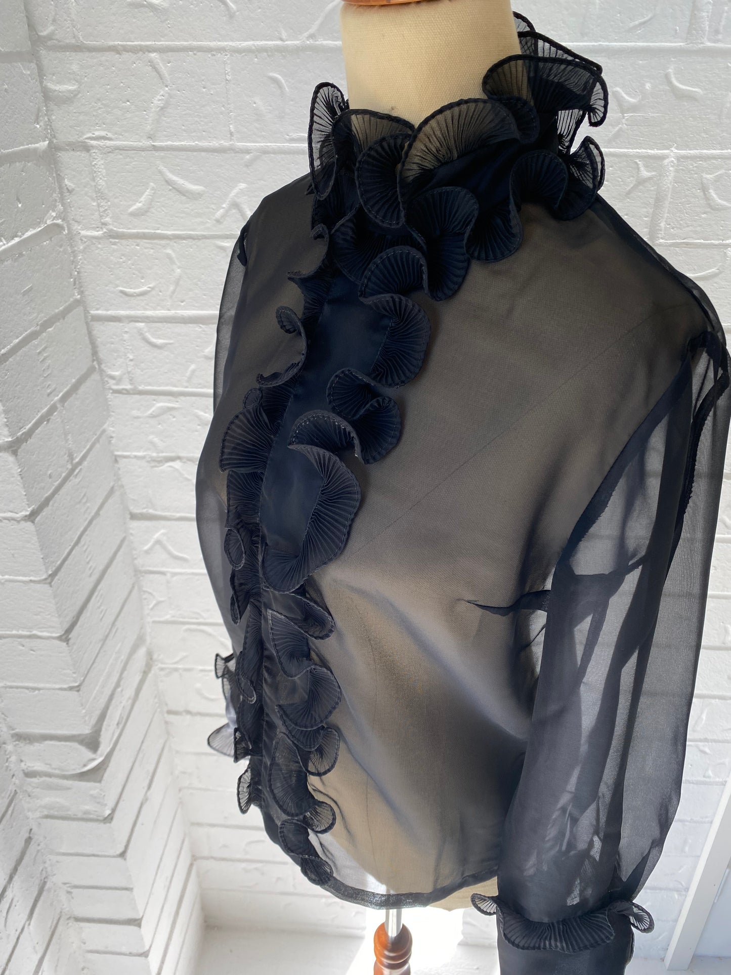 Ruffle Front Black Sheer Blouse