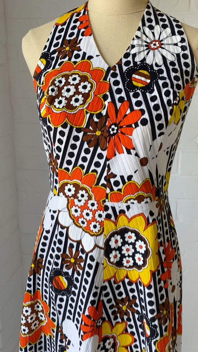 1970's Cotton Orange Flower Halter Neck Dress
