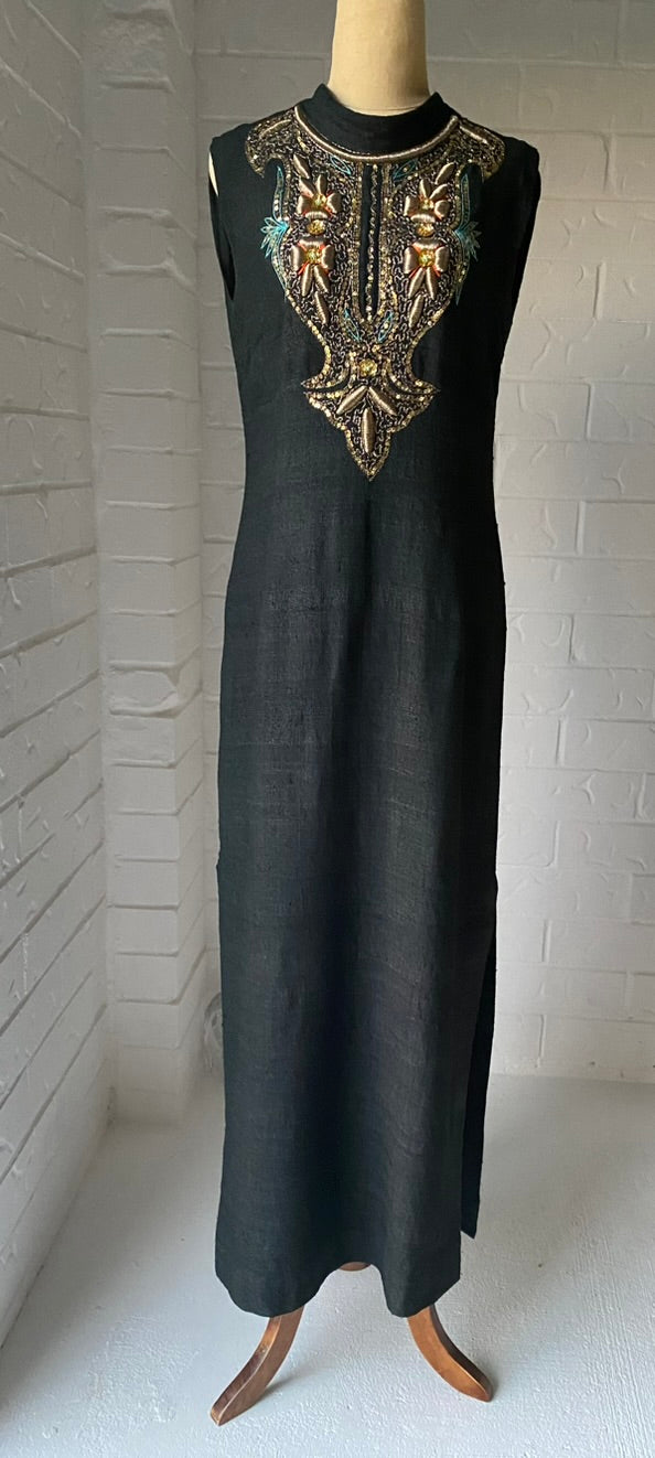 1970's Hand Embroidered Black Raw Silk Long Kaftan
