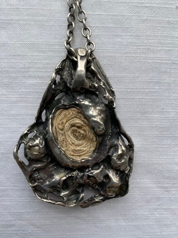 Brutalist Mid Century Petrified Shell Pearl & Silver Pendant