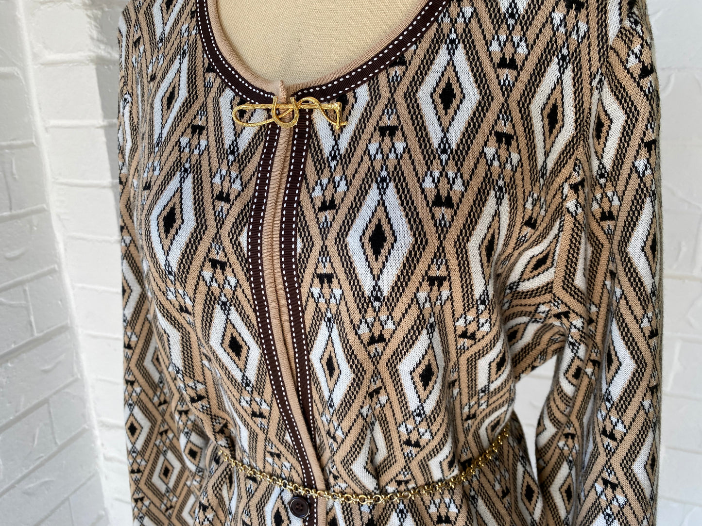 Graphic Cardigan with Equestrian Broach