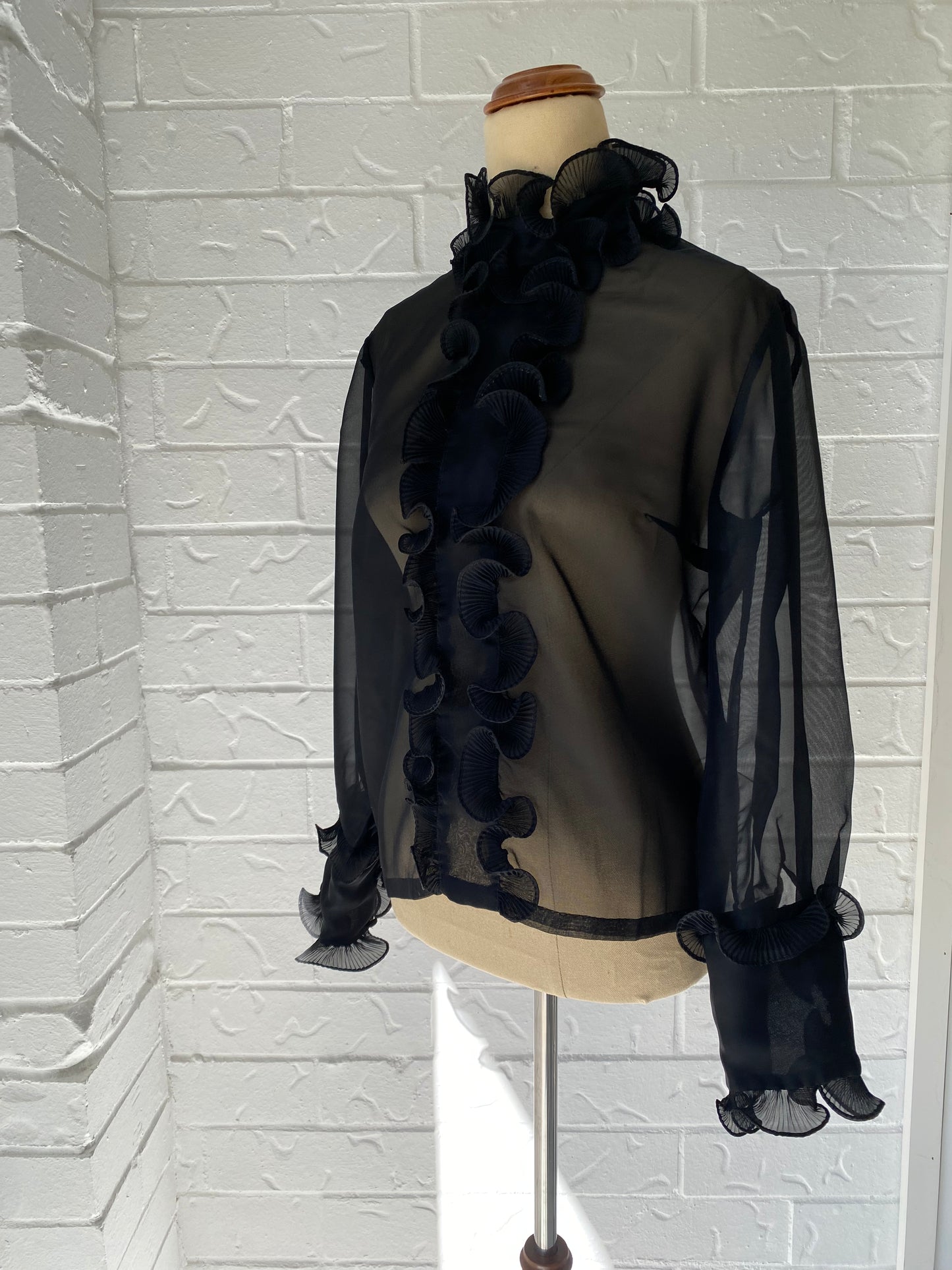 Ruffle Front Black Sheer Blouse