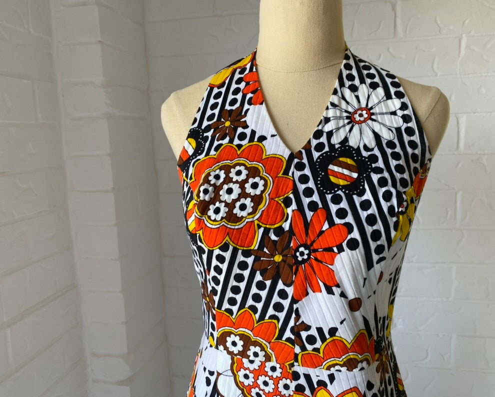 1970's Cotton Orange Flower Halter Neck Dress