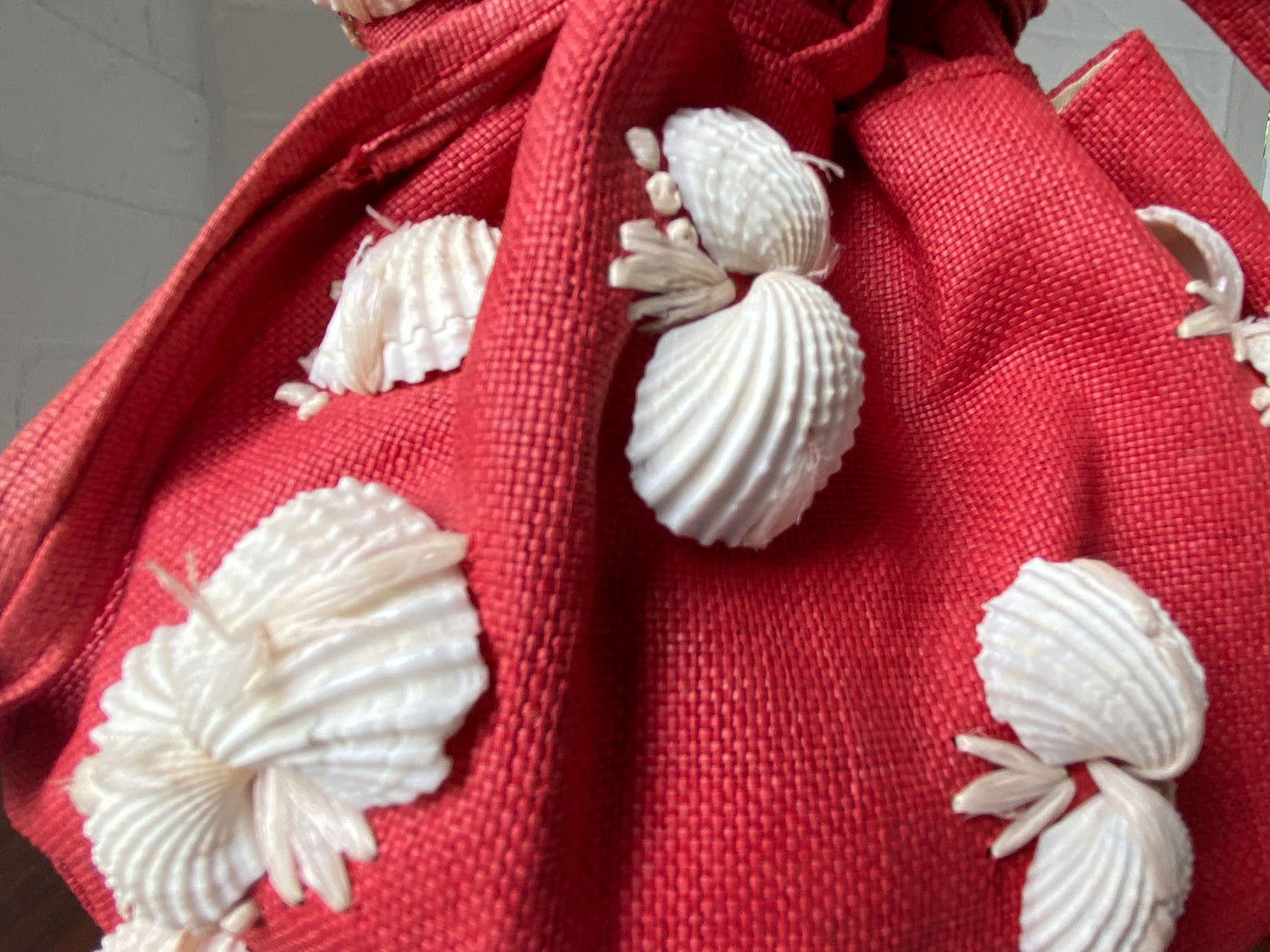 1950's Red Woven Panama Straw Drawstring Pouch Purse with Seashell Embellishment