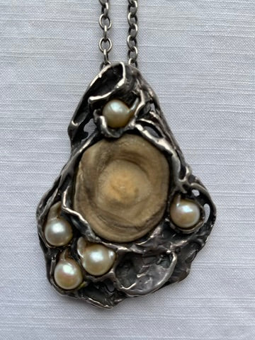 Brutalist Mid Century Petrified Shell Pearl & Silver Pendant