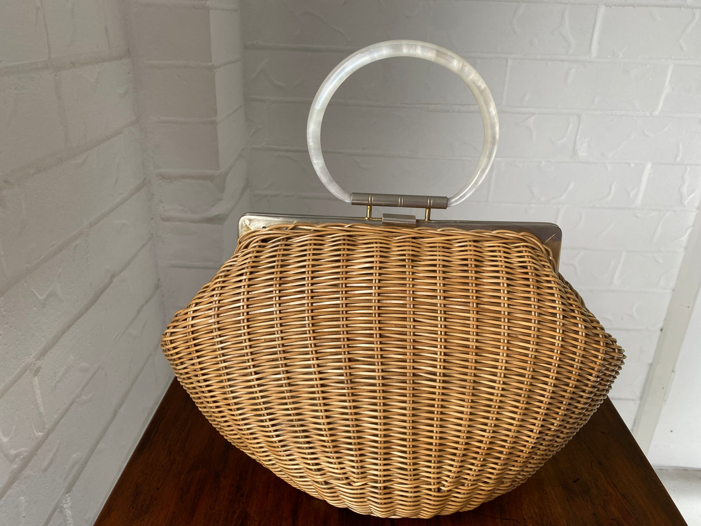 Large 1950's Plastic Wicker and Lucite Handle Bag