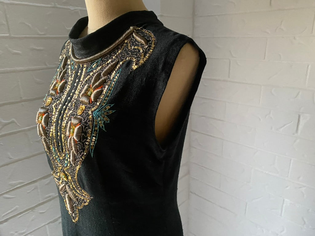 1970's Hand Embroidered Black Raw Silk Long Kaftan