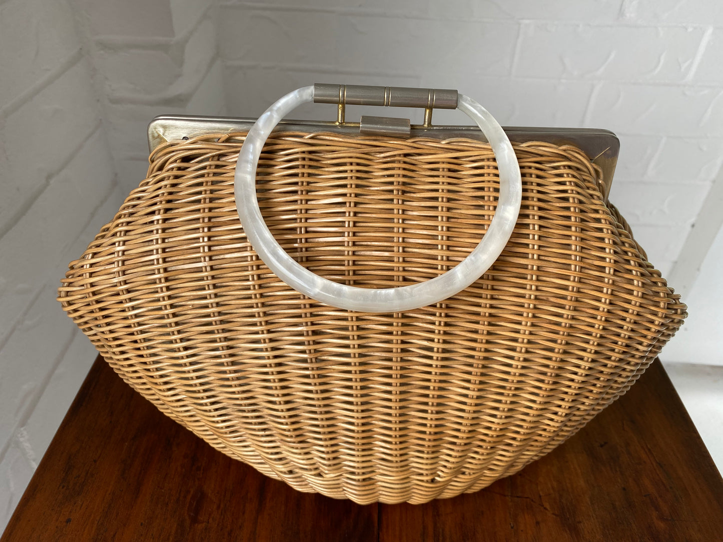 Large 1950's Plastic Wicker and Lucite Handle Bag