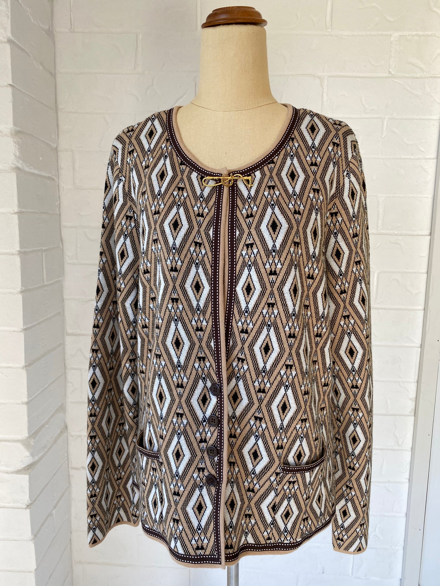 Graphic Cardigan with Equestrian Broach