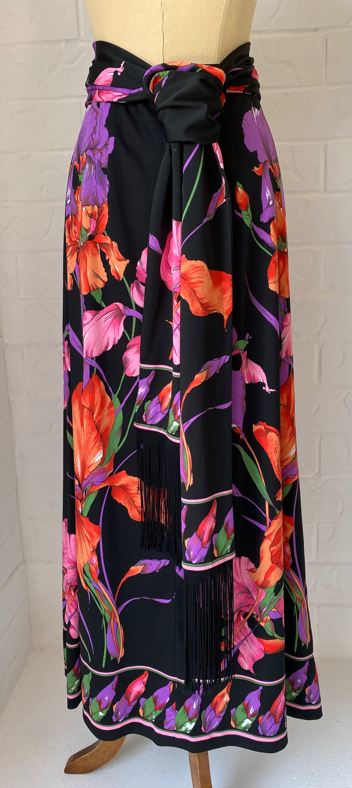 1970's Vintage KIO Floral Maxi SKirt + Fringed Tie/ Scarf