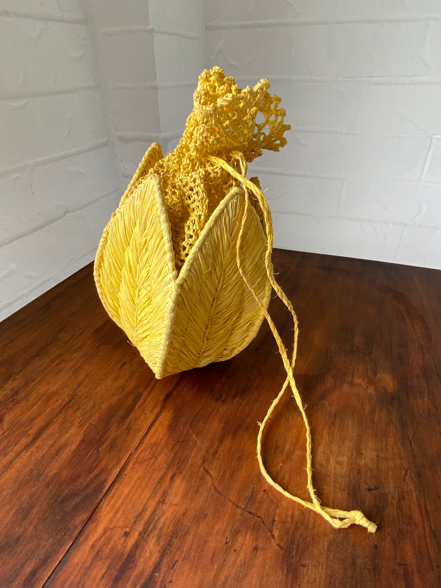 Vintage Golden Yellow Crochet and Rattan Drawstring Purse