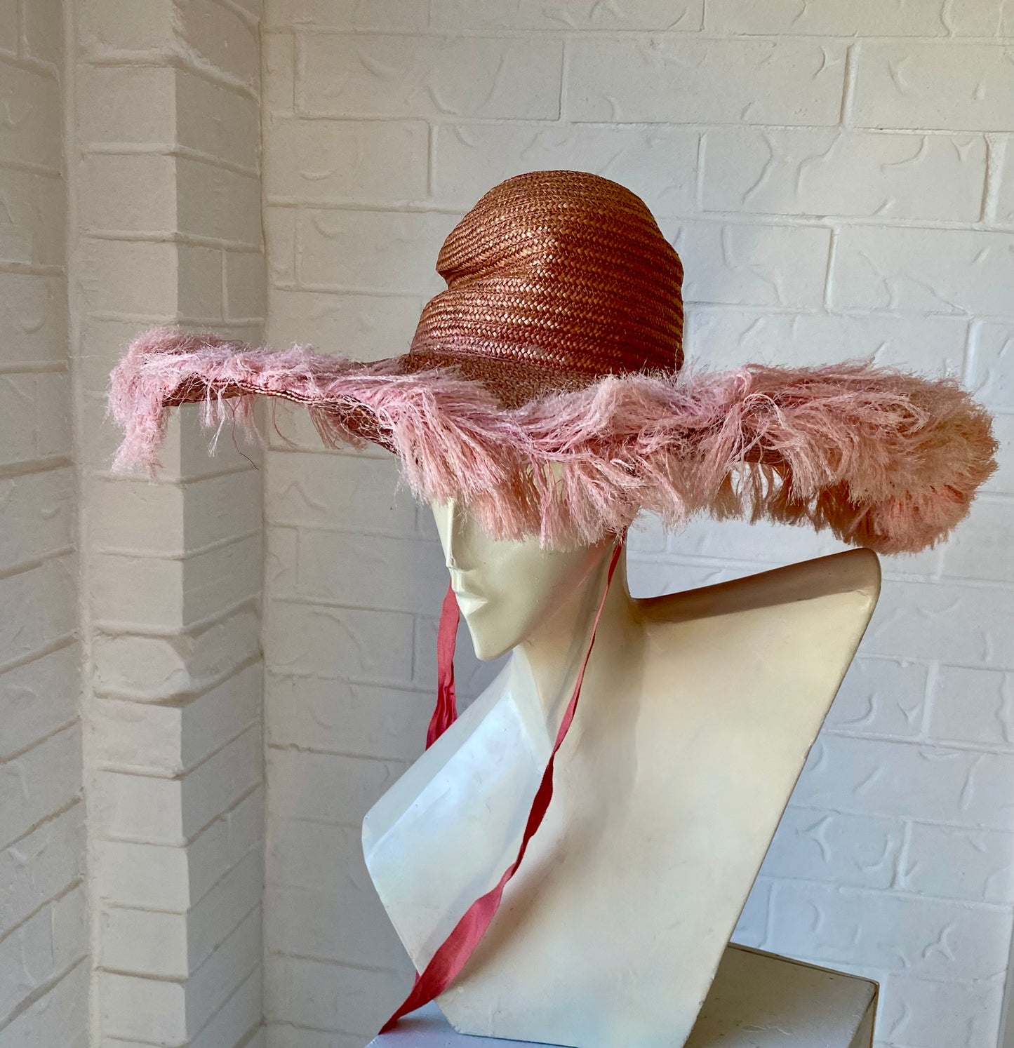 70's Blush Pink Straw Fringed Sun Hat