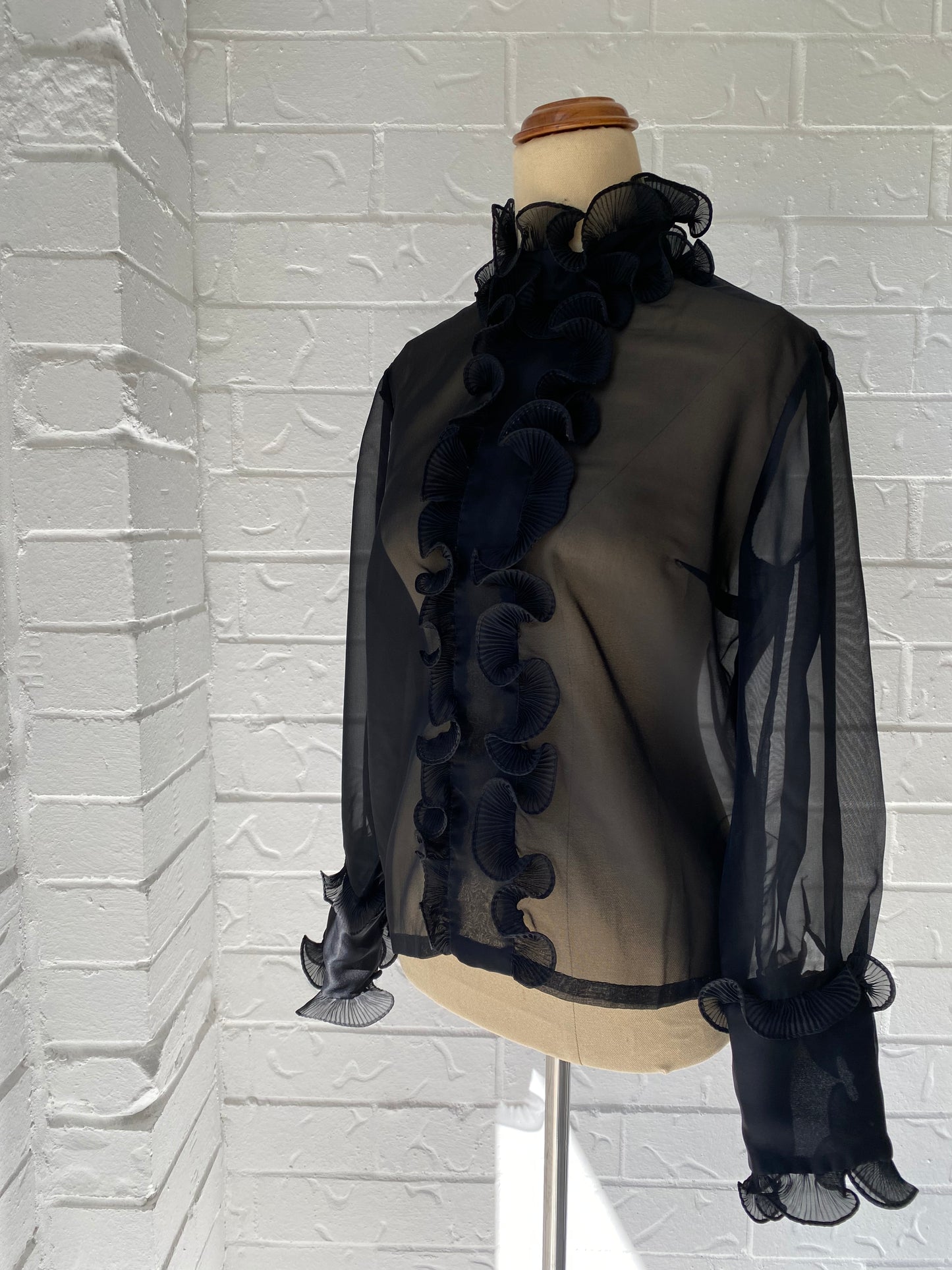 Ruffle Front Black Sheer Blouse